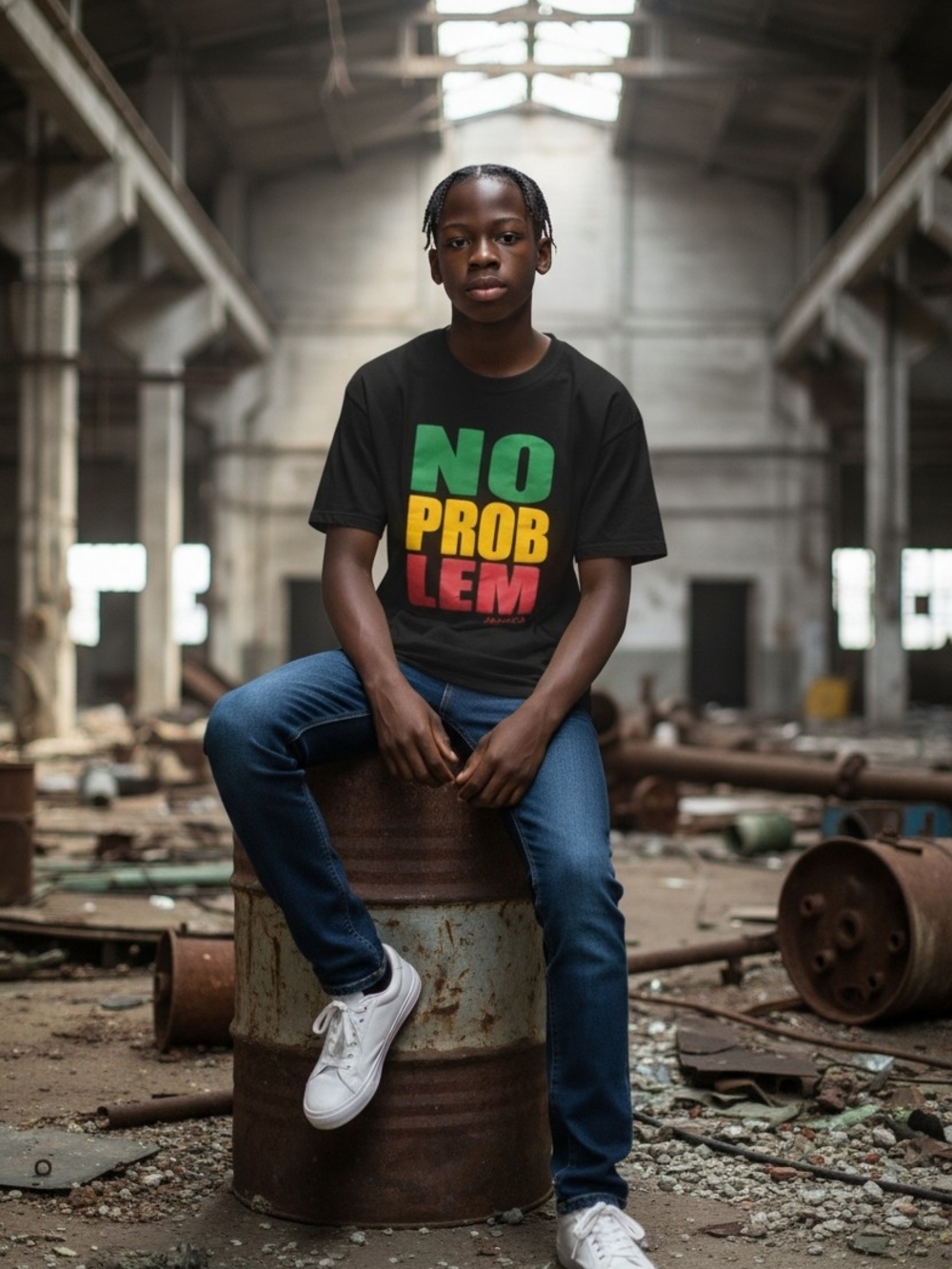 Desired Collection Black Tee with Green Yellow Red 'NO PROBLEM' Print